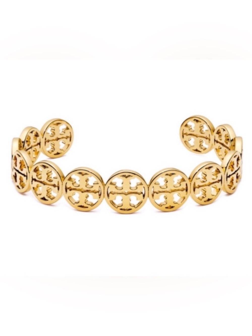 Tory Burch Authentic Gold Logo Disc Open Cuff Bracelet Bendable New